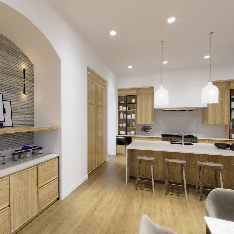 A 3d rendering of a kitchen and dining area in a new home for sale in Carmel Indiana.